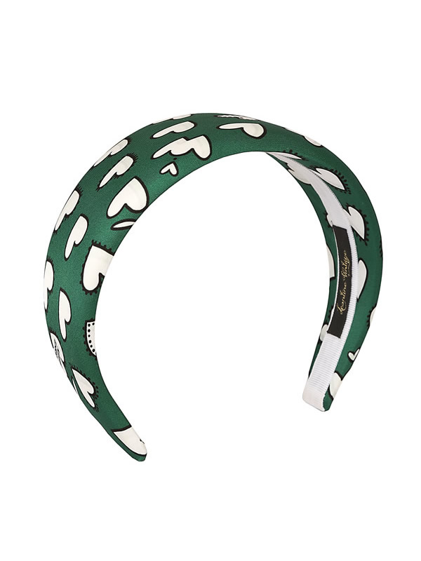 Green satin headband with white hearts